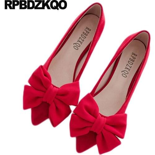 Designer Bow Dress Flats Red Pointed Toe Height Increasing Wedding Ballet Shoes Ladies Slip On Chinese Women Beautiful Suede