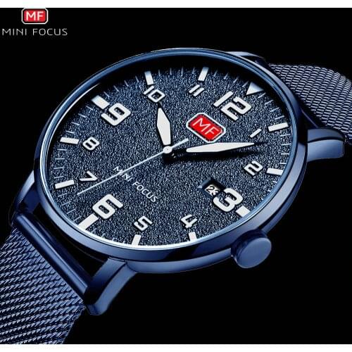 Top Brand Luxury Design Waterproof Wrist Watches Military Casual Quartz Watch For Men Mesh Strap Blue Dial Calendar MINI FOCUS