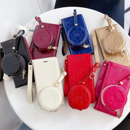 Bright leather embossed camellia phone case for iPhone11 XR XS MAX, the round Bluetooth headset Fhx-XZH bag for AirPods 1/2/Pro