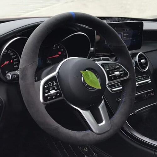Black Suede Leather Steering Wheel Blue Stitching Hand Sewing Wrap Cover Fit For Mercedes Benz A Class 19-20 GLC GLB 2020