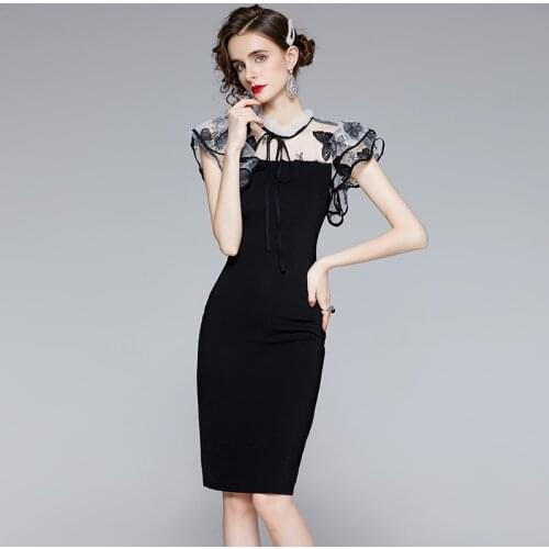 Black Slim Sexy Dress Women Splicing Mesh Butterfly Embroidery Vintage Bodycon Dresses Female Summer New Evening Party Dresses