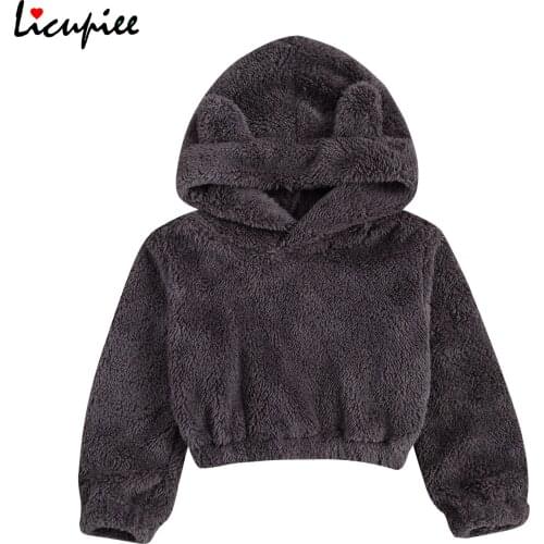 Kids Hooded Hoodie Fall Top V-neck Winter Grey Duck Down Filling Outdoor Girl Warm Velvet Blouse Animal Ear Cartoon Hat 2-7 Year