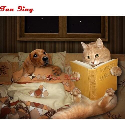 DIY 5D Full Square Diamond Diamond Painting Dog and Cat reading book 3D Embroidery Cross Stitch Mosaic Decor