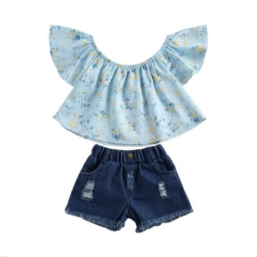 New Kid Baby Girls Summer Outfits Off Shoulder Floral Print Tops + Denim Shorts 2Pcs Clothes Set