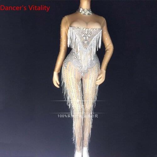 Nightclub DJ DS False Perspective Rhinestone Tassel Elastic Close-fitting Long Sleeves Body Suit Stage Wear Women Performance