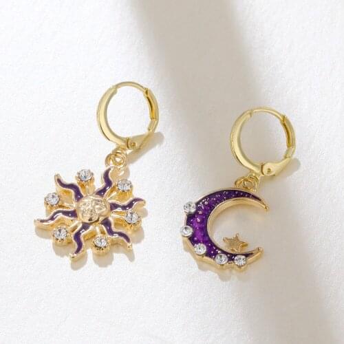 European American Cross-border Earrings Purple Oil Drop Sun Moon Copper Buckle Pendant Earrings Non-standard Earrings Jewelry
