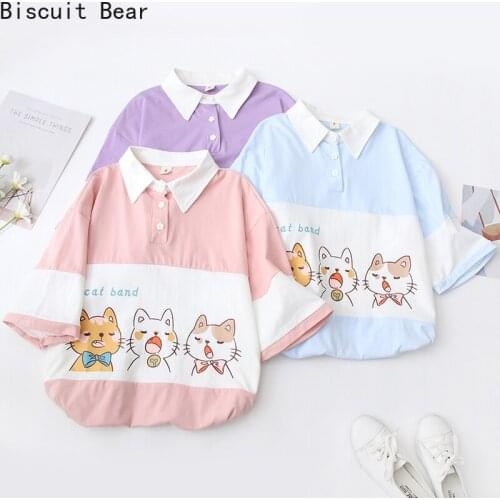 2021 Summer Cotton T-Shirts Women Harajuku Cartoon Cat Print Kawaii Short Sleeve Turndown Collar Tee Shirt Female Basic Cute Top