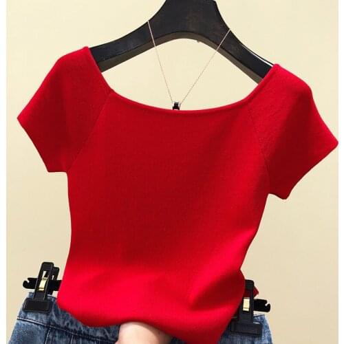 Summer Woman Tshirts Basic Black Tops Off Shoulder T-Shirt Knitted Short Sleeve Clothes White Red
