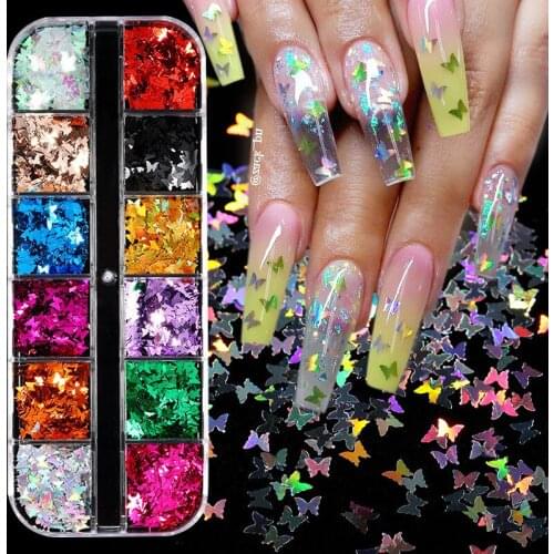Holographic Laser Nail Art Butterfly Glitter Sequins Thin Holographic Nail Stickers UV Gel Polish Nail Accessories Decorations