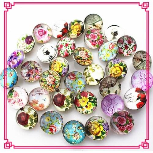 Hot selling 100pcs/lot mix random beauty flower snap buttons for 18mm ginger button snap pendant bracelet charms diy jewelry