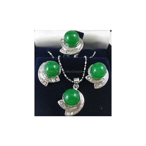 Green Jade Earrings Ring & Necklace Pendant Set AAA