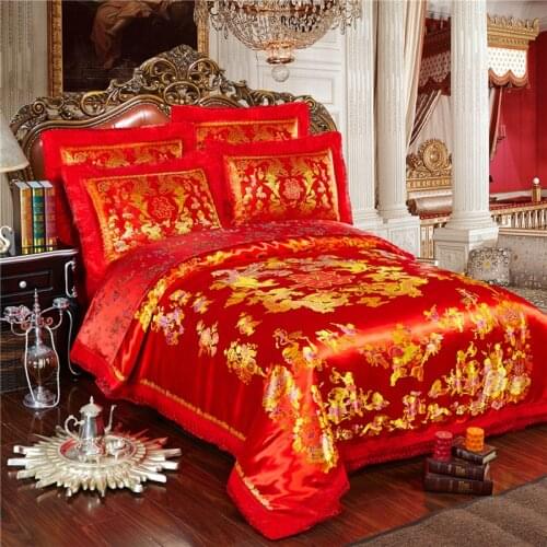 Silk Cotton Satin Jacquard Luxury Wedding Bedding Set Lace Duvet cover sets Bed Sheet Pillowcases Queen King size 4/6pcs