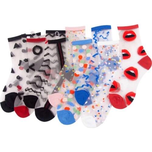 Summer Ultrathin Socks Casual Creative Transparent Crystal Women Socks Cartoon Small Fresh Pattern Ultrathin Glass Silk Socks