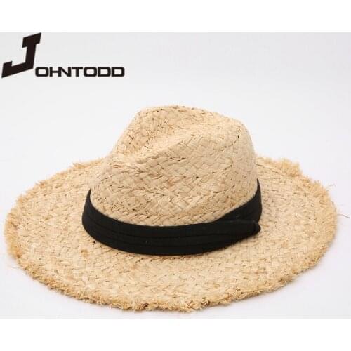 2021 New Summer Raffia Hat Panama Straw Jazz Hat with Black Ribbon Women Men Wide Brim Beach Sun Cap UV Protection Fedora Hat