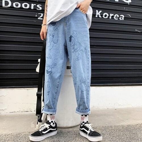 New Autumn Jeans Women 2019 Retro Fun Cartoon Print Jeans Cotton Loose High Waist Nine Pants Harajuku Cute Anime Jeans Female