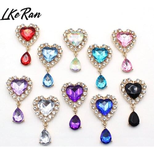NEW Golden 5Pcs 25X45mm Heart Acrylic Rhinestone Pendants Buttons For Wedding Decoration Metal Brooch Hair Bow DIY Jewelry Craft