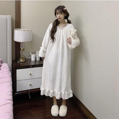 Pajamas Womens Autumn and Winter French Style Cute round-Neck Thickened Plush Mid-Length kawaii clothing sweet lolita dress