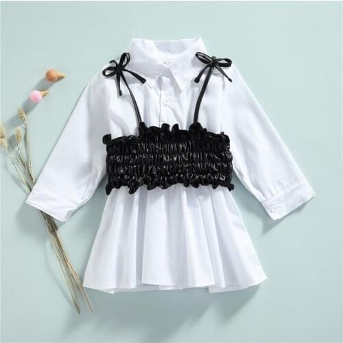 Little Girls Long Sleeve Dress and Camisole Fashion Solid Color Lapel Single-breasted Shirt Dress with Leather Vest, 18Months-6Y