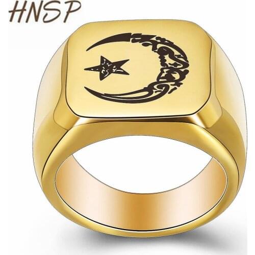 HNSP 316L Stainless Steel Turkey Star Moon Signet Gold Rings For Men Male Finger Jewelry Big Size
