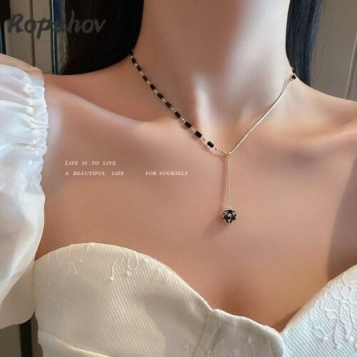 ROPUHOV 2021 New Korean Trendy Korea Niche Design Geometry New Black Crystal Round Pendant Necklace Neck Chain Clavicle Women