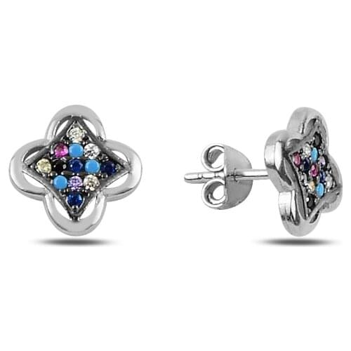 Silver 925 Sterling Mixed Color Zircon Cubic Zirconia Clover Earrings