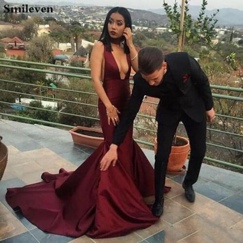 Smileven Mermaid Evening Gowns Satin Halter Neck Sexy Open Formal Dress Party Gown Backless robe de soiree