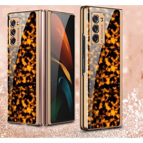 Leopard Animal Pattern Glass Case For Samsung Galaxy Z Fold 2 Case Plating frame Hard PC Cover For Samsung Galaxy Fold 1