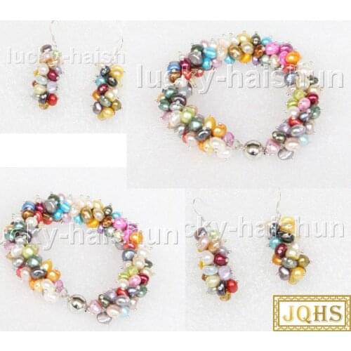 JQHS stylish 8" Baroque Multi-color pearls bracelet Earrings magnet clasp j11625-2