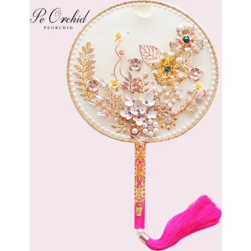 PEORCHID Unique Pearls Gold Wedding Bouquet Flowers Handmade Round Silk Fan Chinese Style Asian Traditional Bridal Fan Bouquets