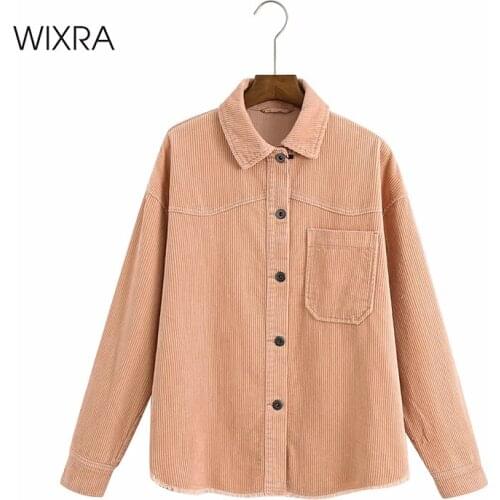 Wixra Solid Corduroy Long Sleeve Trendy Blouse Turn-Down Collar Casual Tops Button Up Shirt Feminina Blusa