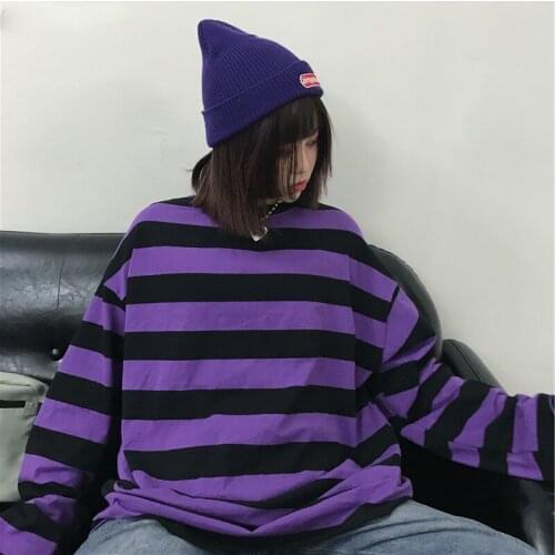 Hoodies Women Striped Purple Harajuku Couple Streetwear Oversize Hoodie Simple Womens Students Pullovers Autumn Sweatshirts Chic