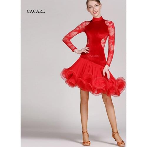 Latin Dance Dress Women Latin Skirt Dance Competition Dresses Fringe Dress Lace Velvet D0604 2 Colors Big Ruffled Hem