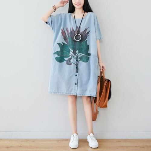 Women Spring Summer Printed Loose Dress Ladies Vintage Denim Dress Female Knee Length Dress 2020 Patchwork Dresses