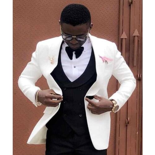 Shawl Lapel White Jacket With Black Vest Suits for Men Custom Made Terno Slim Fashion Groom Custom 3 Pieces Wedding Mens Suit