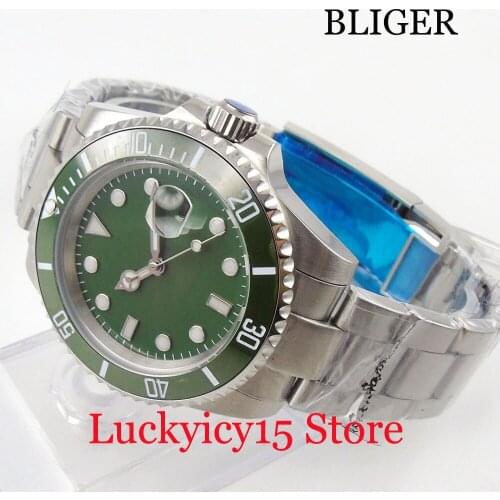 BLIGER Automatic Mens Watch Green Dial With Date Window Sapphire Glass 40mm Brushed Watch Case