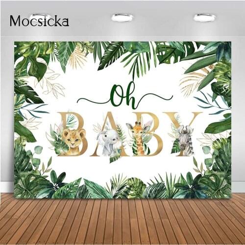 Jungle Animals Oh Baby Backdrop for Baby Shower Decoration Photography Background Safari Gold Green Greenery Leaves Baby Shower