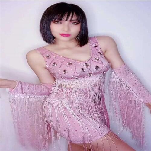 H73 Diamond Tight Pole Dance Model Leotard Elastic Stretched Bodysuit Tassels Siamese Drilling Chain Singer Costume Sexy Party D