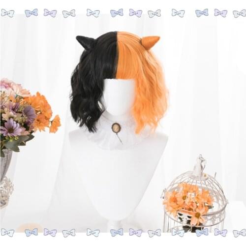 Harajuku Mixed Black Orange Lolita Wig Short Curly Synthetic Hair Fringe Bangs Adult Girls Halloween Evil