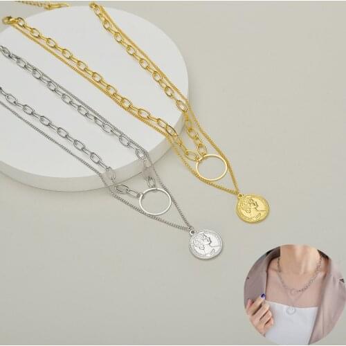Acheerup Fashion Stainless Steel Necklace For Women Gold Silver Color Double Layers Queen Pendant Adjustable Chain Jewelry Gifts