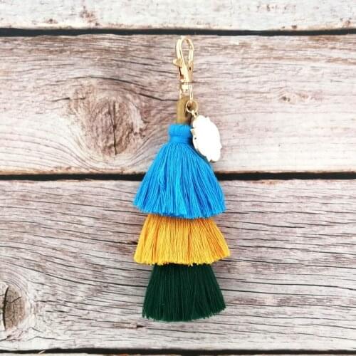Monogram Enamel White Magnolia Charms Cotton Tassel Stacked Key Chains TasseL Key Rings Cotton Tassel Keychains
