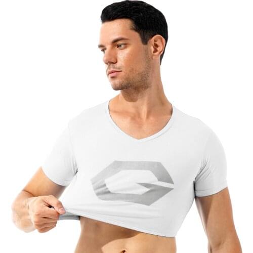 Men Streetwear Fashion Print V Neck Cropped T-shirt Breathable Short Sleeve Vest Sexy Crop Top Sport Fitness Yoga Dance Costumes