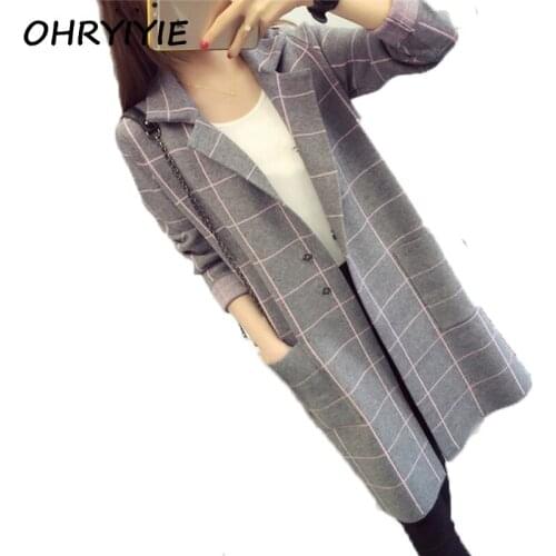 OHRYIYIE High Quality Plaid Long Cardigan Women Sweater 20120 New Spring Autumn Long Sleeve Knitted Cardigans Female Tricot Tops