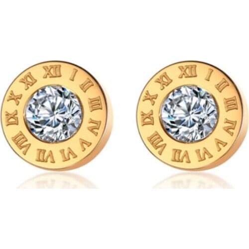 316L Stainless Steel Simple Round Roman Numerals Zircon Stud Earring For Women Fashion Fine Jewelry Party Gifts SAE664