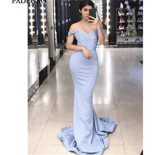 Blue Long Evening Dresses Mermaid Prom Dress Appliques Off Shoulder Sweep Train Evening Dress Custom Made