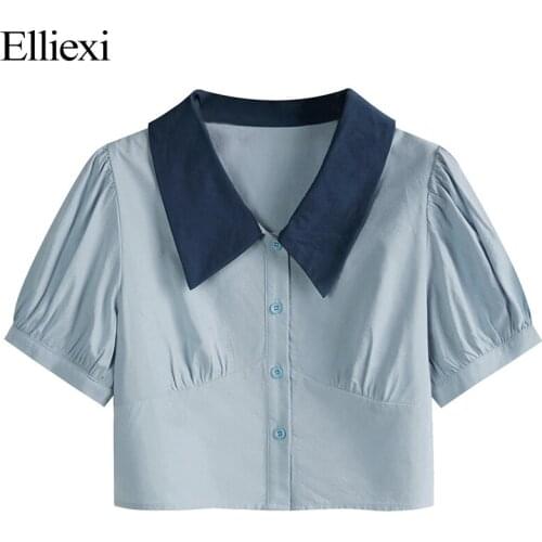 Elliexi Women Polo Crop Top Female Polo Shirts Summer Short Puff Sleeve Vintage Button Clothes Solid Slim French Tops Cropped
