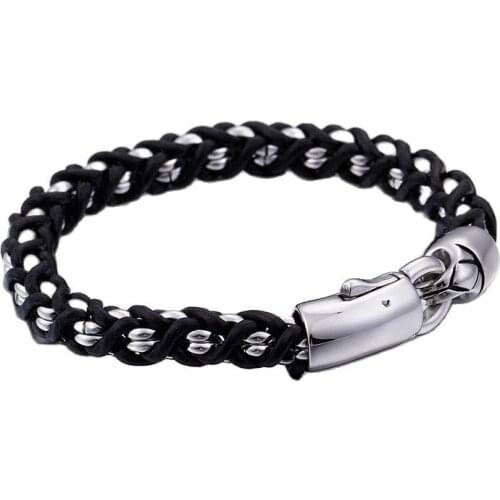 Vintage 22cm Long Leather Bracelets Men High Polished Stainless Steel Shiny Twisted Link Chain Bracelets Homme Jewelry For Man