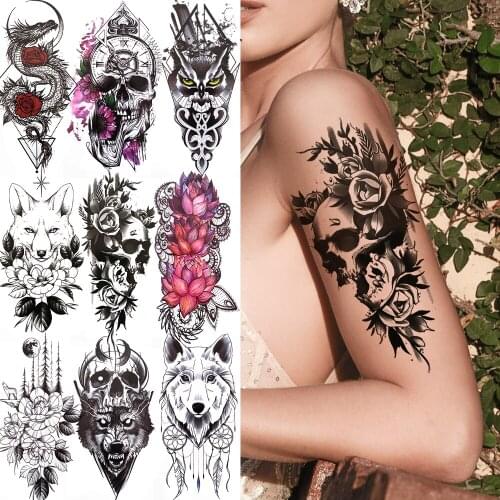 Black Skeleton Flower Temporary Tattoo lotus Paony Rose Fake Tatttoo Sticker For Women Wolf Dragon Owl Forest Moon Forearm Tatoo