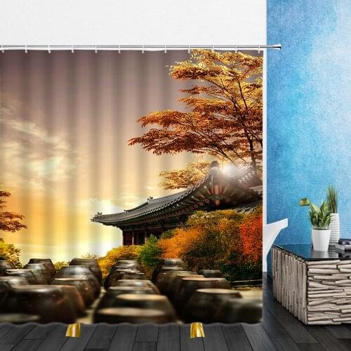 Chinese Style Shower Curtains Ancient Building Natural Scenery 3D Waterproof Bathroom Decor Home Bathtub Polyester Curtain Set