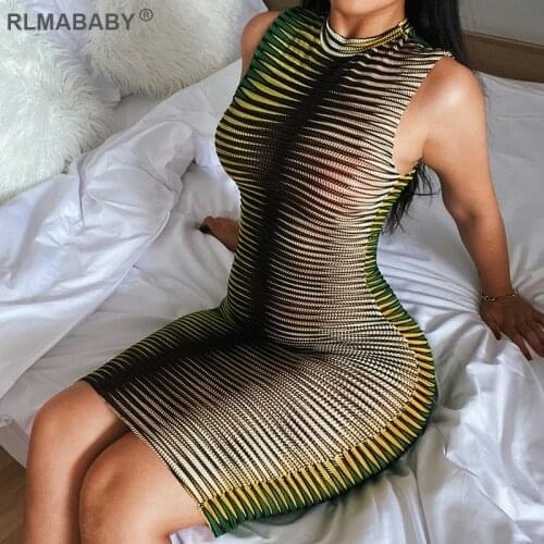 RLMABABY Fashion Elegant Women Mini Sundress Slim Round Neck Sleeveless Bodycon Dress Sexy Casual High Street Summer Mesh Dress