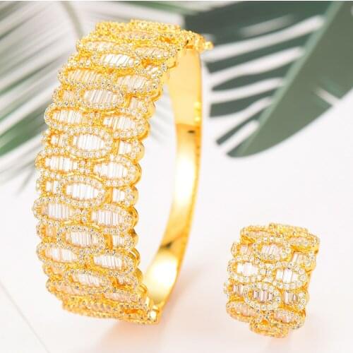 GODK 2PCS Bracelets/Ring Luxury Cubic Zirconia Open Bangle Resizable Rings Trendy Girls Women Patry Wedding Jewelry Sets